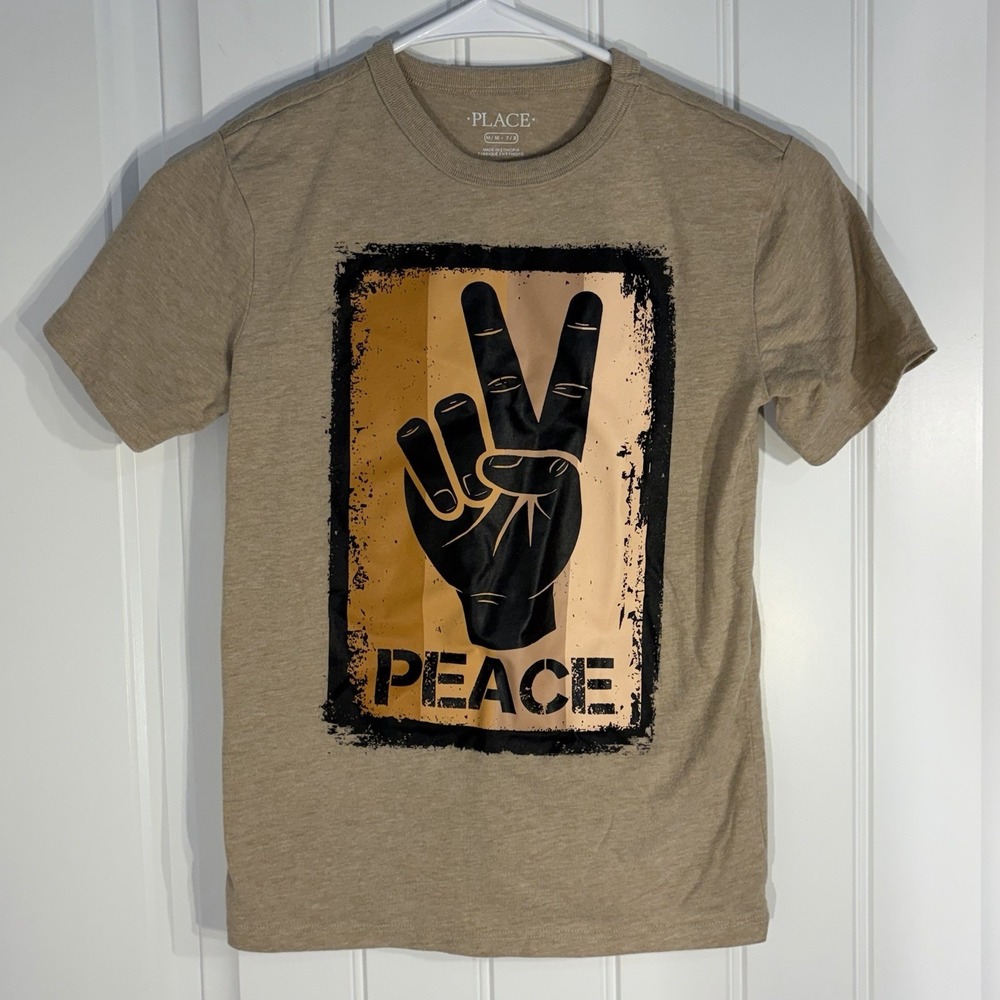 The Children's Place Peace Graphic T-Shirt Kids‎ M 7/8 Tan Short Sleeve Tee